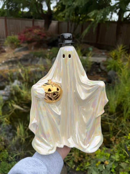Mother of Pearl Sheet Ghost with Gold Pumpkin and Top Hat