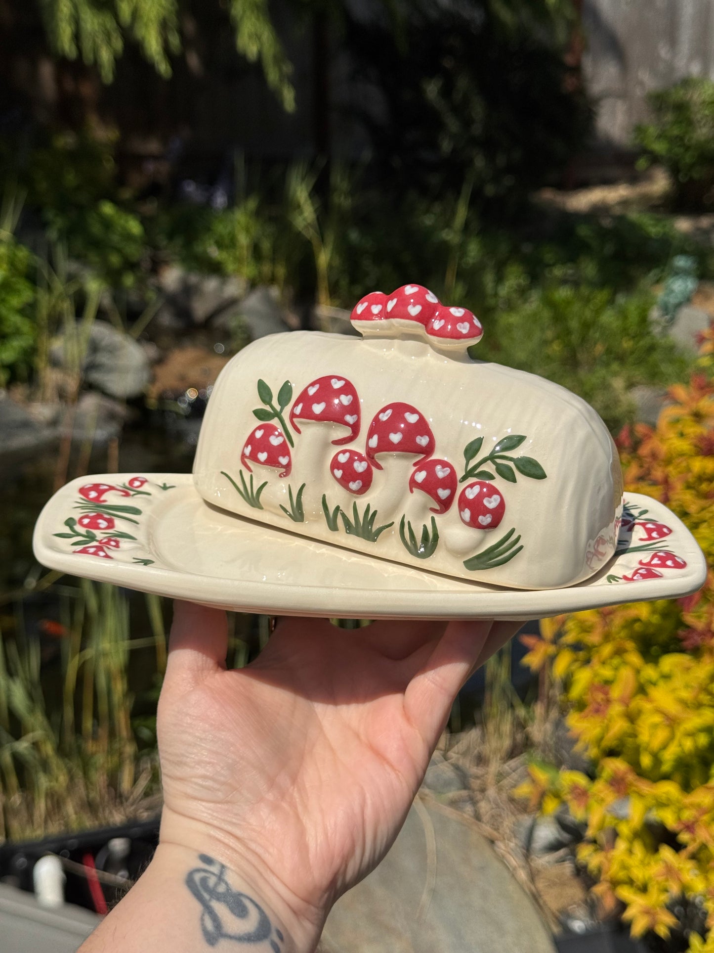 Red Mushroom Butter Dish with Hearts