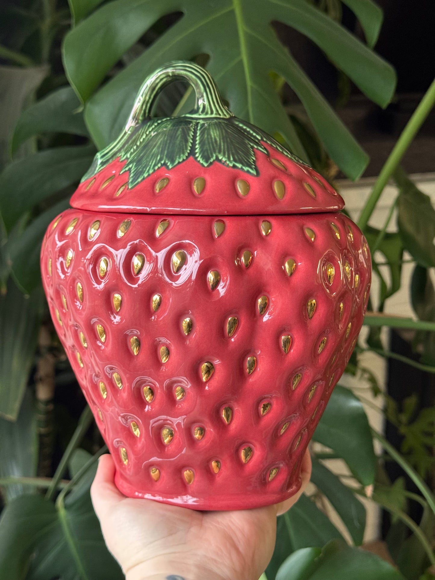 Large Red and Gold Strawberry Cookie Jar