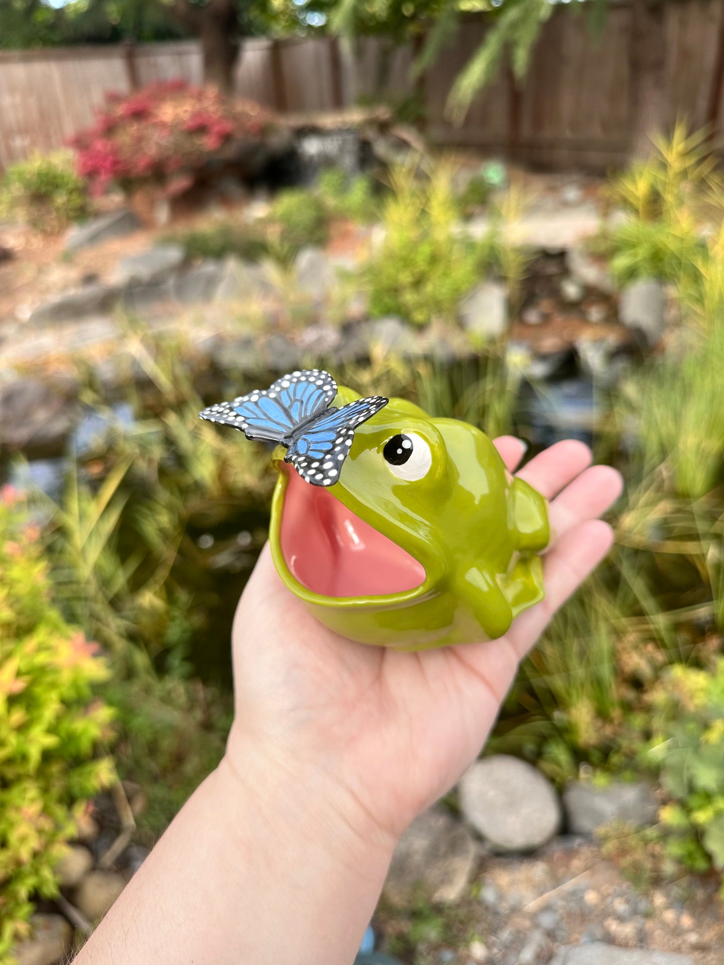 Green Open Mouth Frog with Butterfly