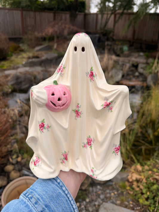 Vintage roses Sheet Ghost with Pink Pumpkin