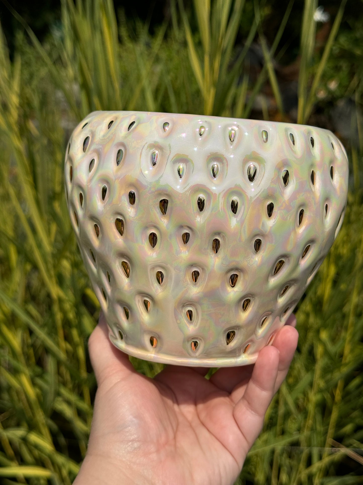 Small Mother of Pearl and Gold Strawberry Cookie Jar