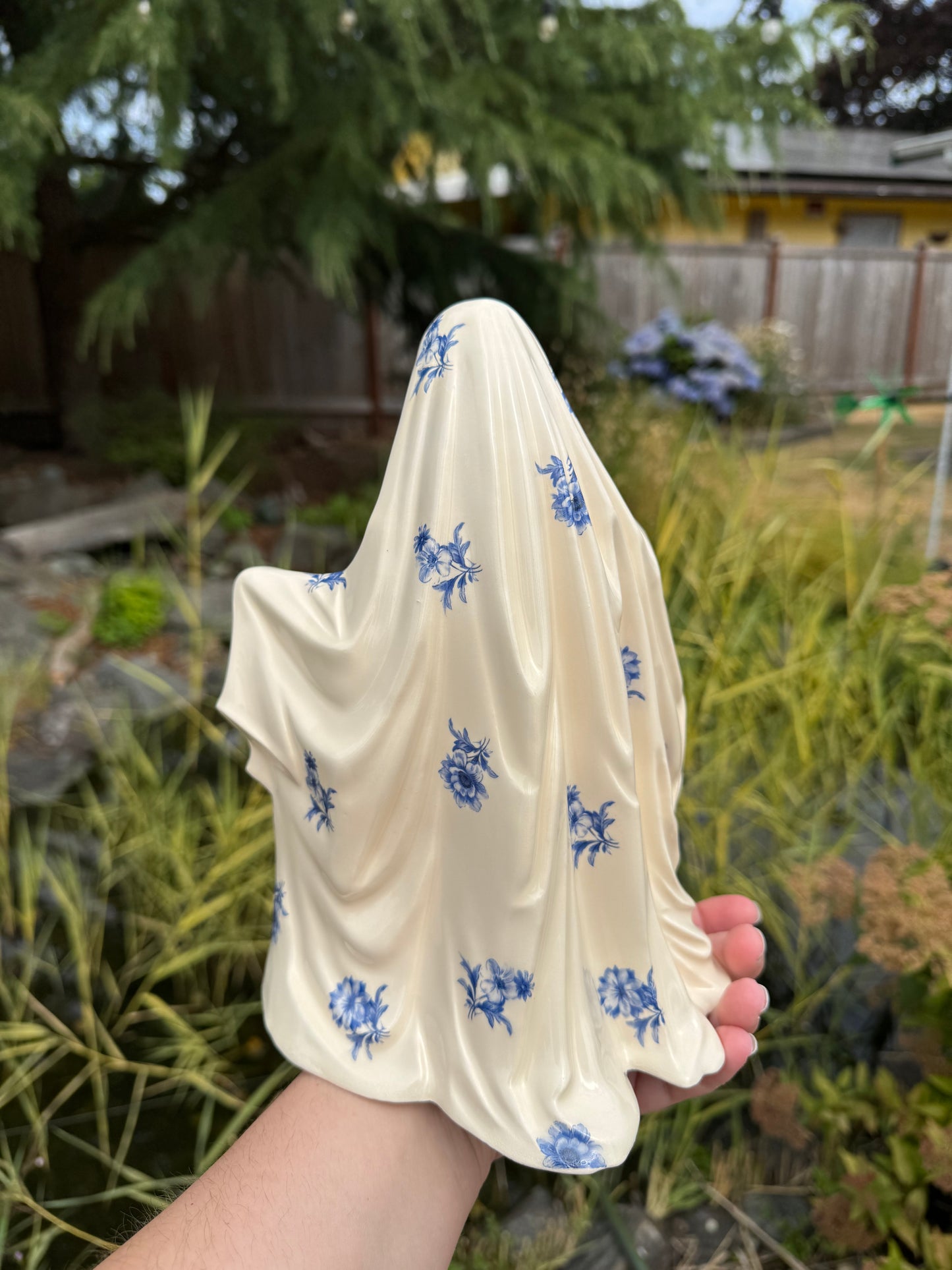 Blue Floral Sheet Ghost with Gold Pumpkin
