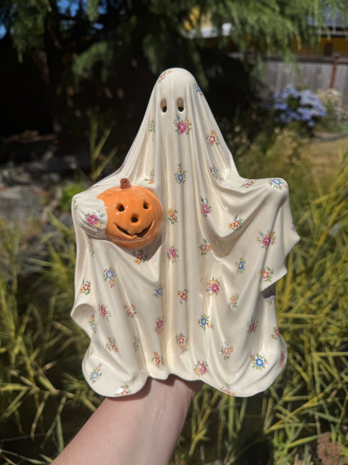 Multicolored Floral Sheet Ghost with Orange Pumpkin