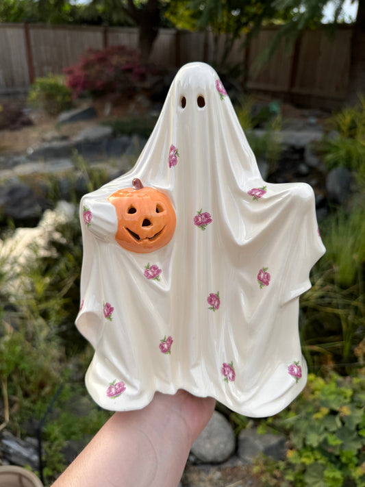 Vintage Pink Roses Ghost with Orange Pumpkin