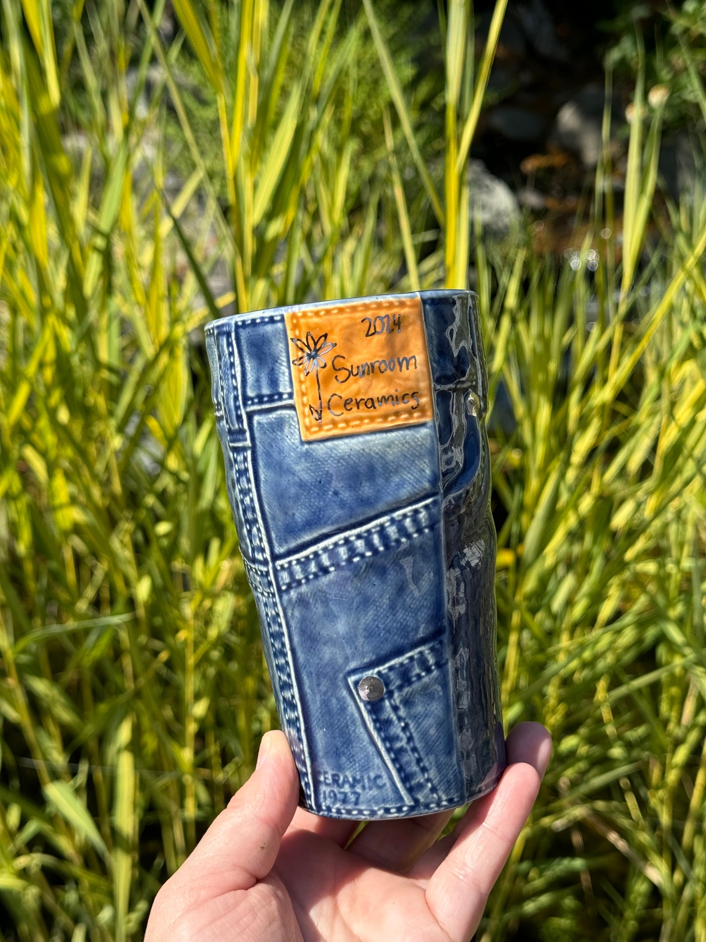 Dark Wash Denim Tumbler with White Gold Details