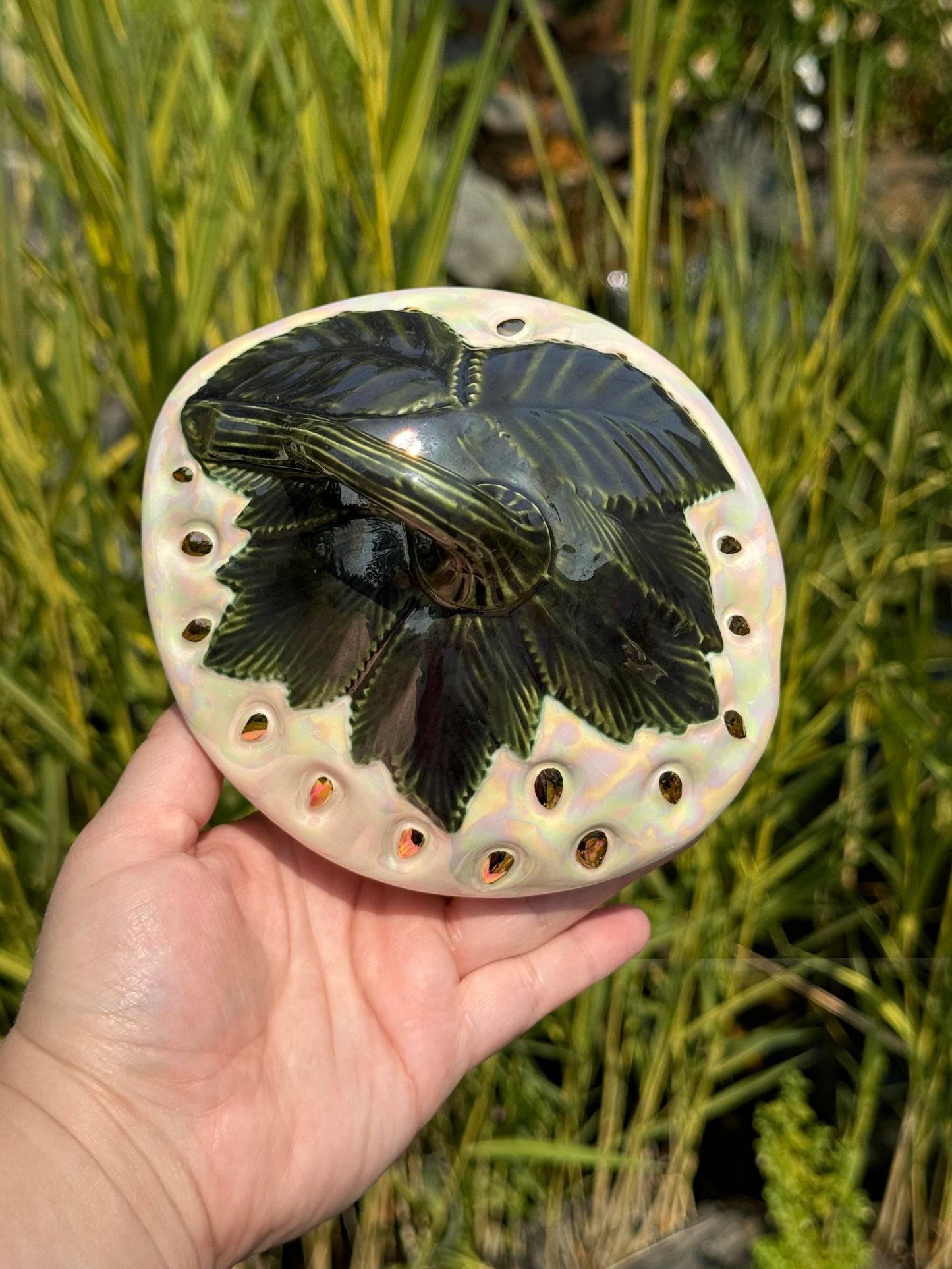 Large Mother of Pearl and Gold Strawberry Cookie Jar