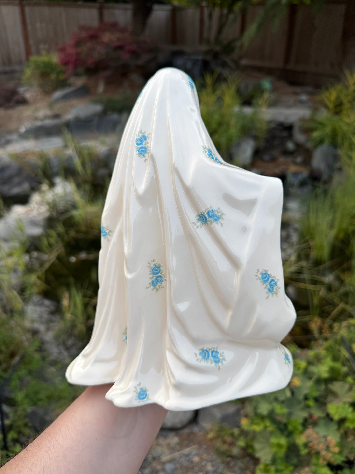 Vintage Blue Roses Sheet Ghost with Pink Pumpkin