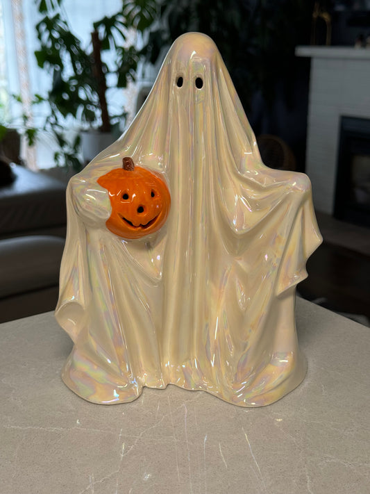 Mother of Pearl Ghost Lamp with Orange Pumpkin (Battery Powered)