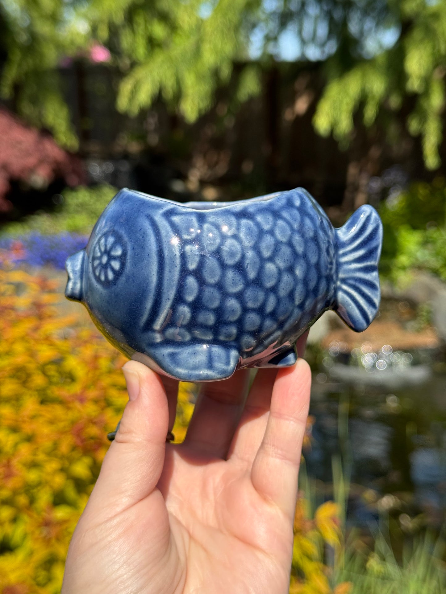 Flower Power Denim Blue Fish Planter