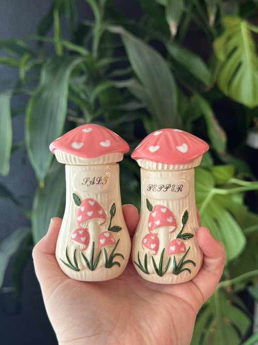 SECOND - Pink Mushroom Salt and Pepper Shakers with Hats