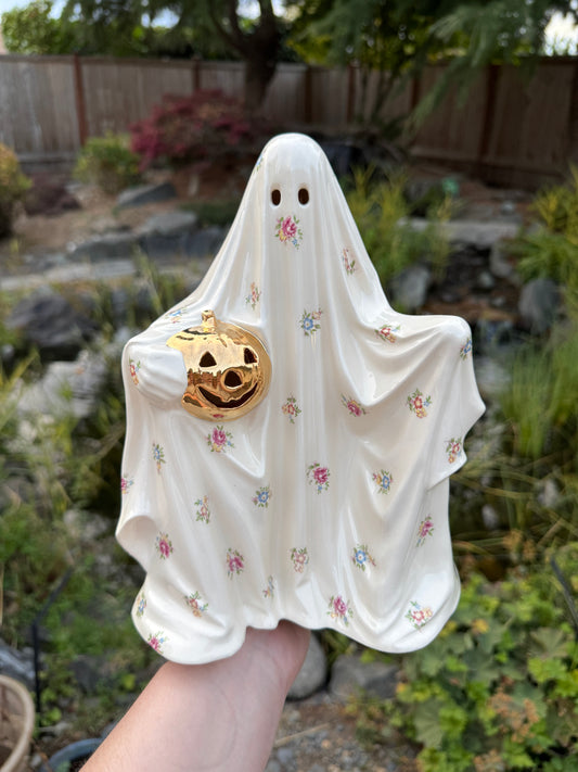 Vintage Multicolored Floral Sheet Ghost with Gold Pumpkin