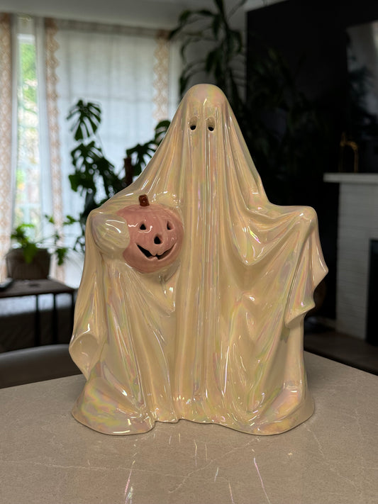 Pink Pumpkin with Mother of Pearl Sheet Ghost Lamp (Corded)