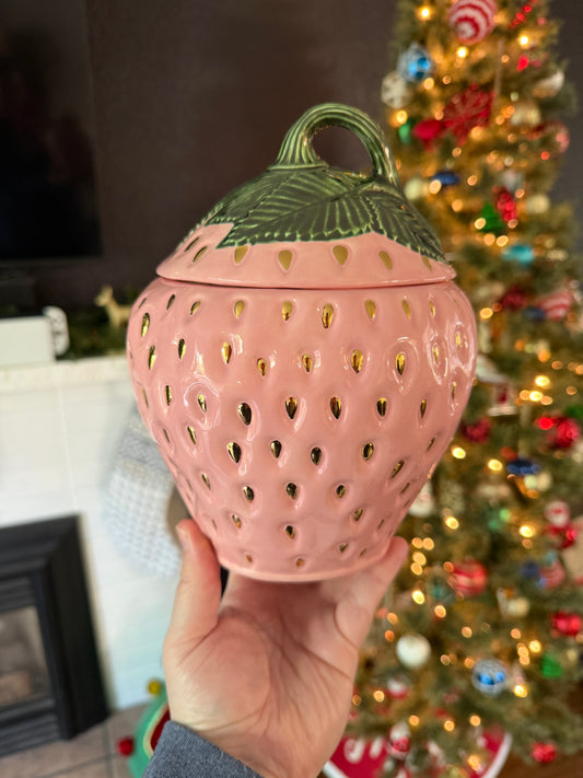 SECOND - Small Pink and Gold Strawberry Cookie Jar