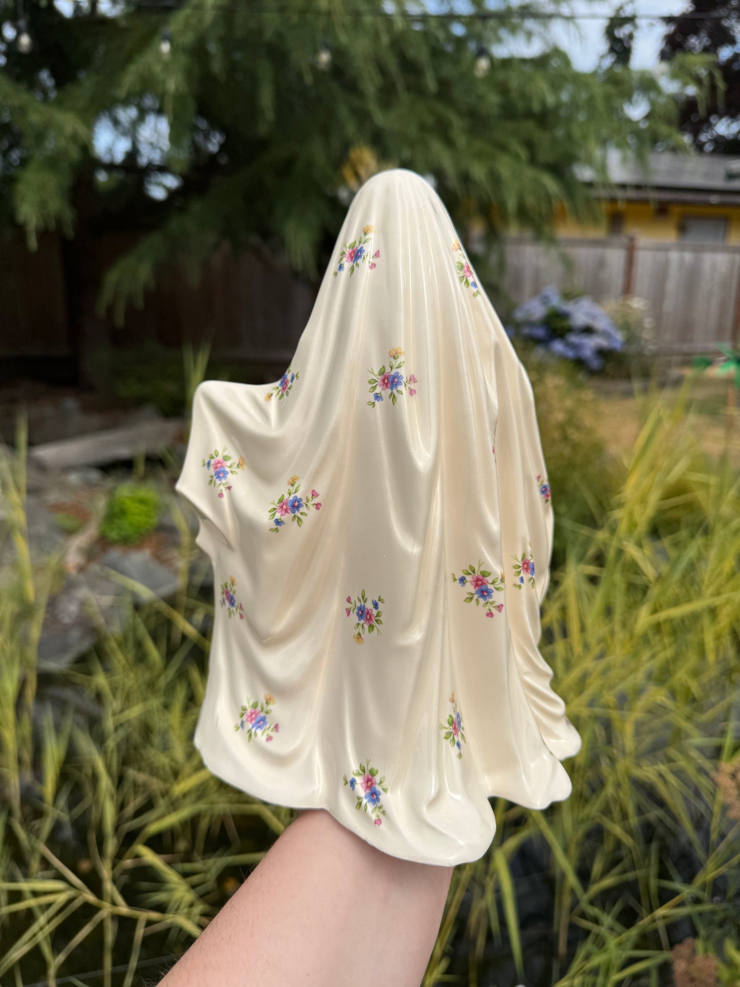 Pink and Blue Floral Sheet Ghost with Gold Pumpkin