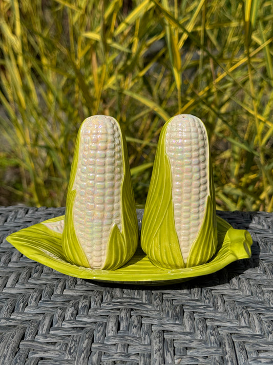 White Mother of Pearl Corn Salt and Pepper Shakers with Tray