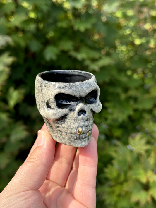 Skull Shot Glass with real gold teeth