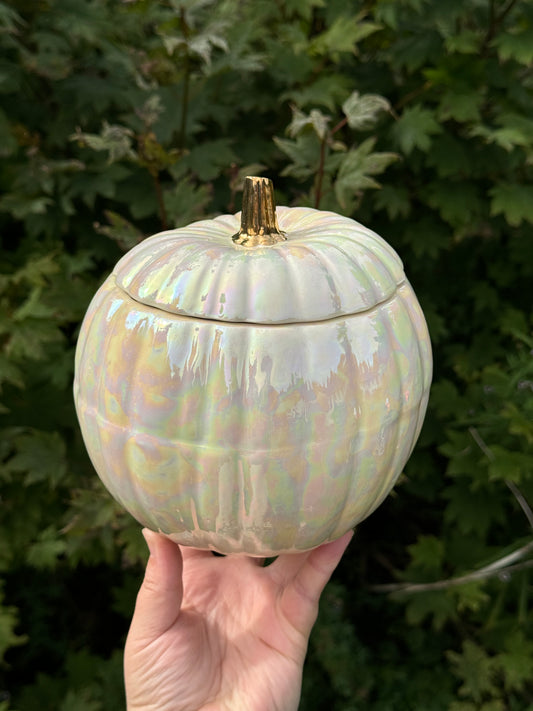 Medium White Mother of Pearl Pumpkin Jar with gold stem