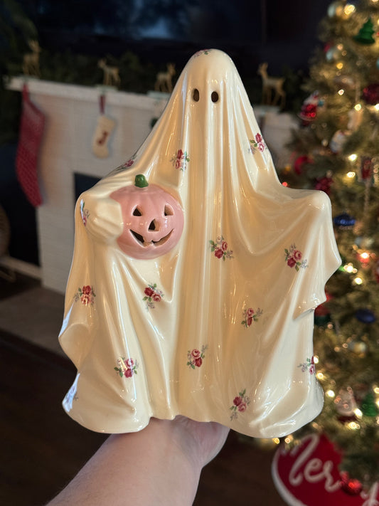 Vintage roses Sheet Ghost with Pink Pumpkin